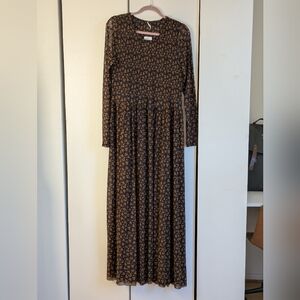 Long-Sleeve Floral Maxi Dress in Black and Brown